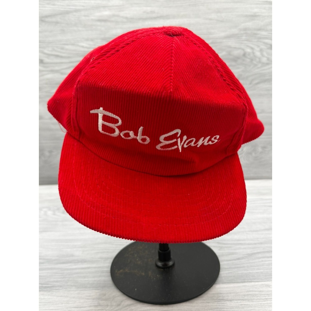 VTG 80s 90s Bob Evans Corduroy Hat Snapback Red White Trucker Restaurant